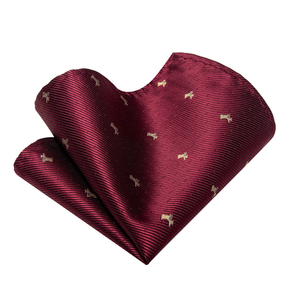 YourTies Burgundy Necktie Brown Puppy Pattern Tie Hanky Cufflinks Set