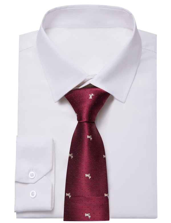 YourTies White Solid Long Sleeve Shirt with Burgundy Novelty Dog Pattern Silk Tie for Men