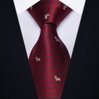 Burgundy Necktie Brown Puppy Pattern Tie Hanky Cufflinks Set