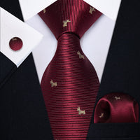 Burgundy Necktie Brown Puppy Pattern Tie Hanky Cufflinks Set