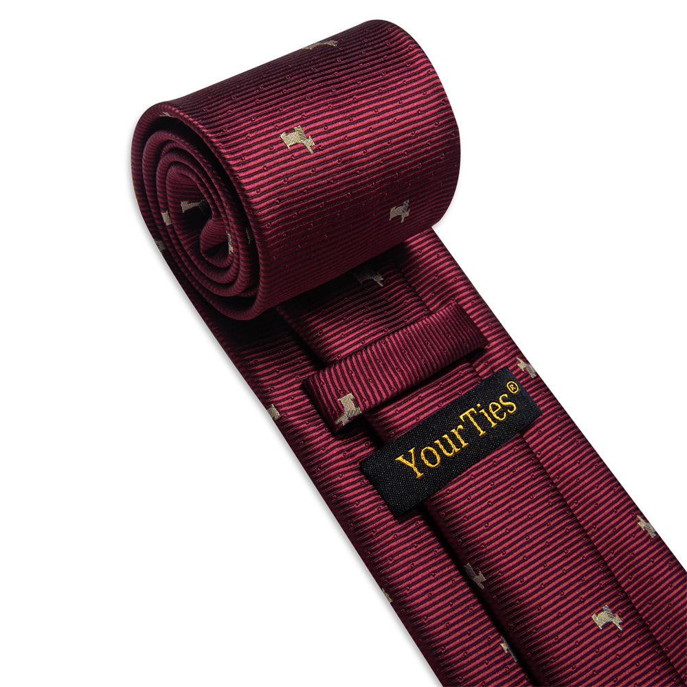 YourTies Burgundy Necktie Brown Puppy Pattern Tie Hanky Cufflinks Set