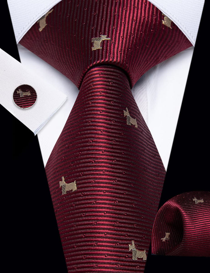 Burgundy Necktie Brown Puppy Pattern Tie Hanky Cufflinks Set