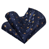 YourTies Navy Blue Necktie Gold Flower Pattern Tie Hanky Cufflinks Set