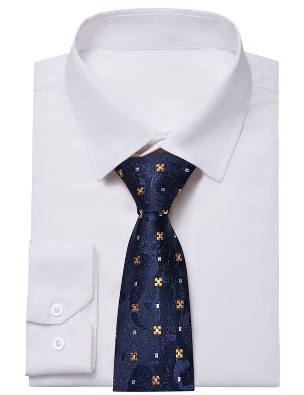 YourTies White Solid Long Sleeve Shirt with Deep Blue Floral Silk Tie for Men