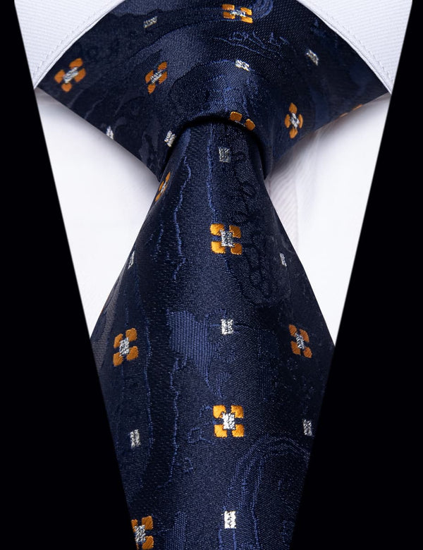 YourTies Navy Blue Necktie Gold Flower Pattern Tie Hanky Cufflinks Set