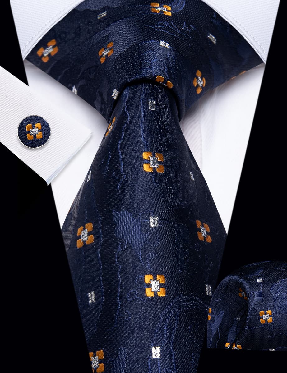 YourTies Navy Blue Tie Orange Cubes Necktie Floral Brooch Tie Bar Set