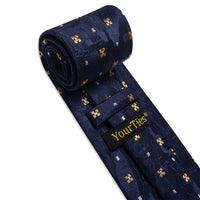 YourTies Navy Blue Necktie Gold Flower Pattern Tie Hanky Cufflinks Set