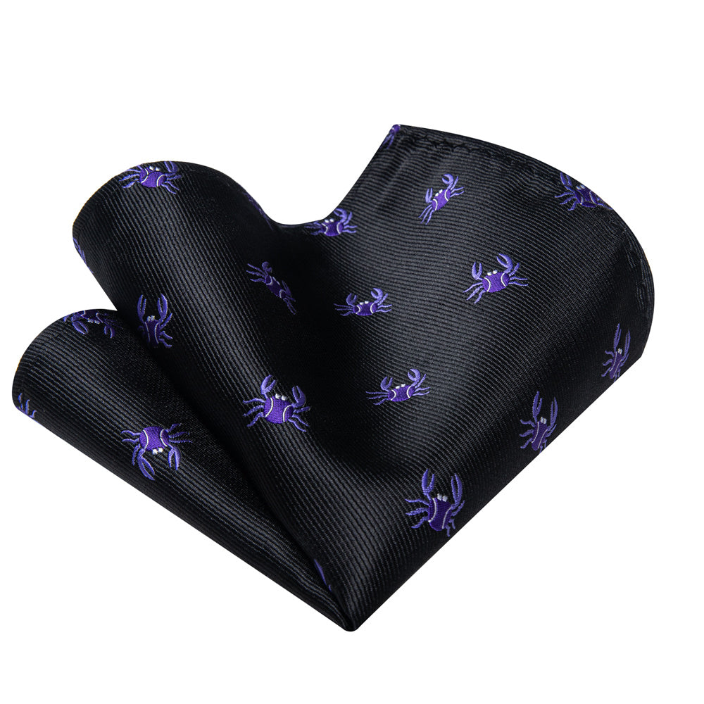 YourTies Mens Black Tie Purple Crab Pattern Tie Hanky Cufflinks Set