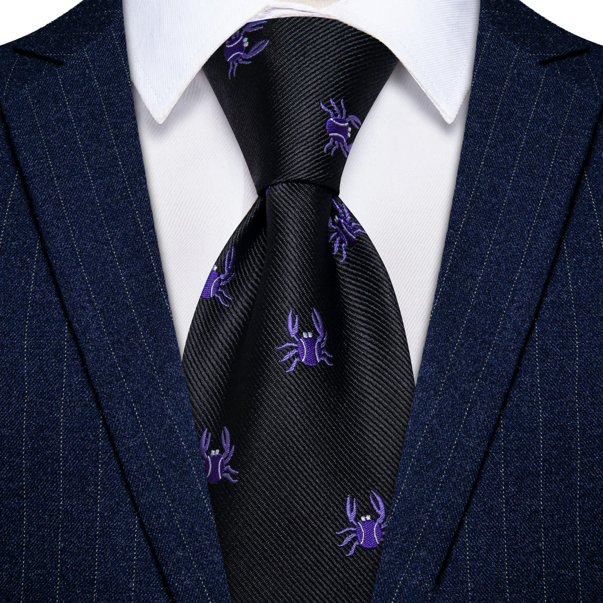 YourTies Mens Black Tie Purple Crab Pattern Tie Hanky Cufflinks Set