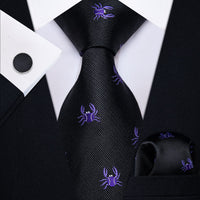 YourTies Mens Black Tie Purple Crab Pattern Tie Hanky Cufflinks Set