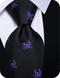 YourTies Men Black Tie Purple Crab Necktie Floral Brooch Tie Bar Set