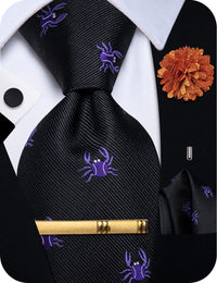 YourTies Men Black Tie Purple Crab Necktie Floral Brooch Tie Bar Set