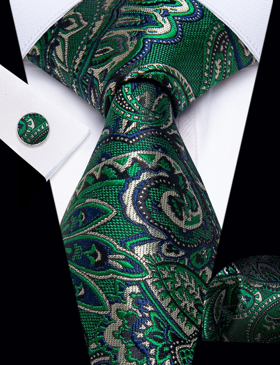 YourTies Men Dark Green Tie Paisley Necktie Floral Brooch Tie Bar Set