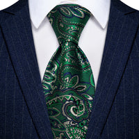 YourTies Men Dark Green Tie Paisley Necktie Floral Brooch Tie Bar Set