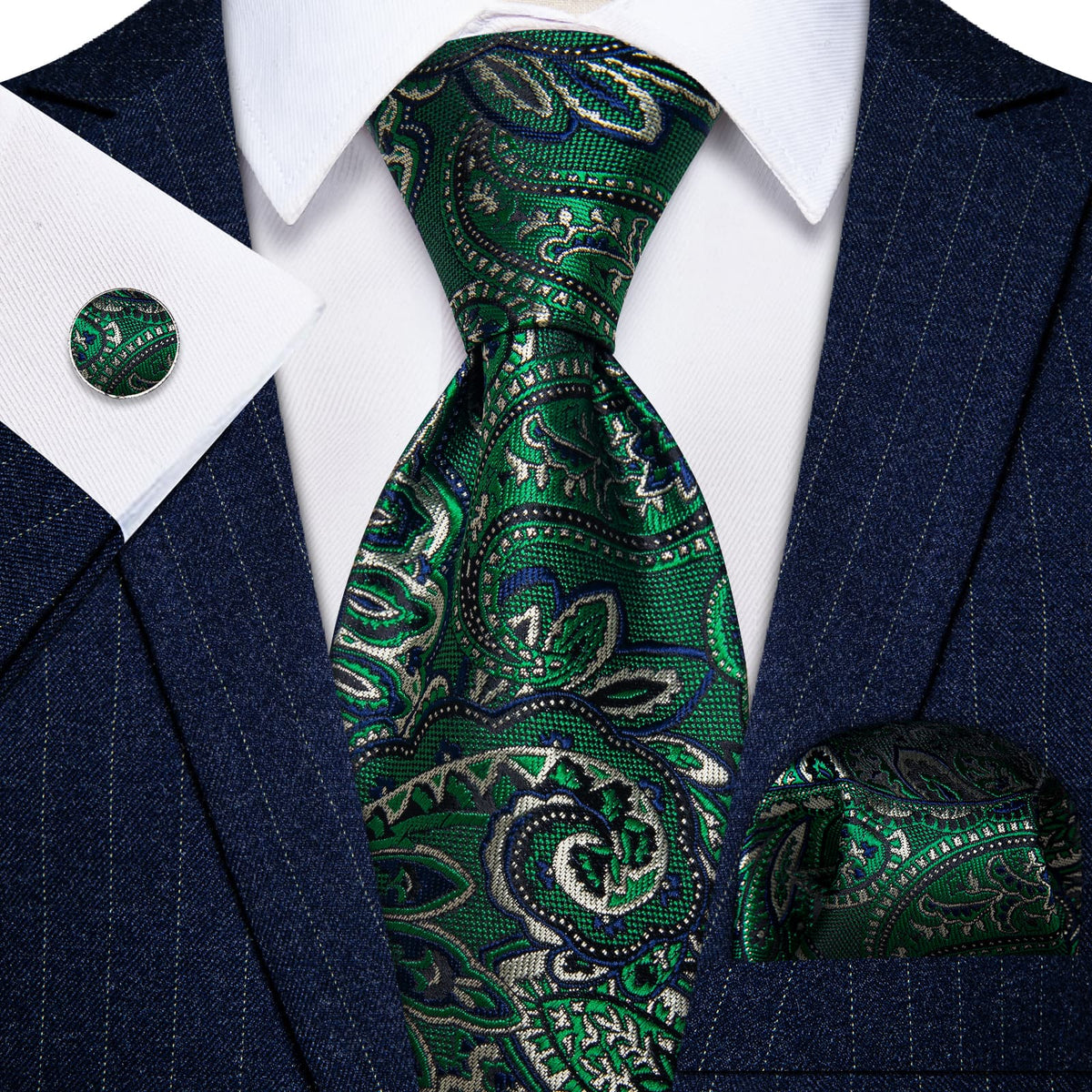 YourTies Mens Green Tie Paisley Silk Neck Tie Hanky Cufflinks Set