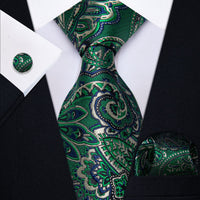 YourTies Mens Green Tie Paisley Silk Neck Tie Hanky Cufflinks Set