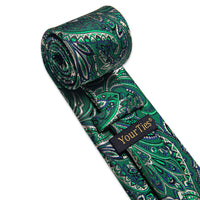 YourTies Men Dark Green Tie Paisley Necktie Floral Brooch Tie Bar Set