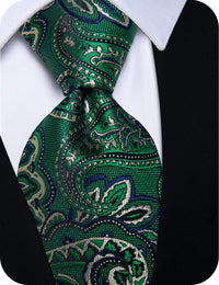 YourTies Men Dark Green Tie Paisley Necktie Floral Brooch Tie Bar Set