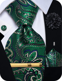 YourTies Men Dark Green Tie Paisley Necktie Floral Brooch Tie Bar Set