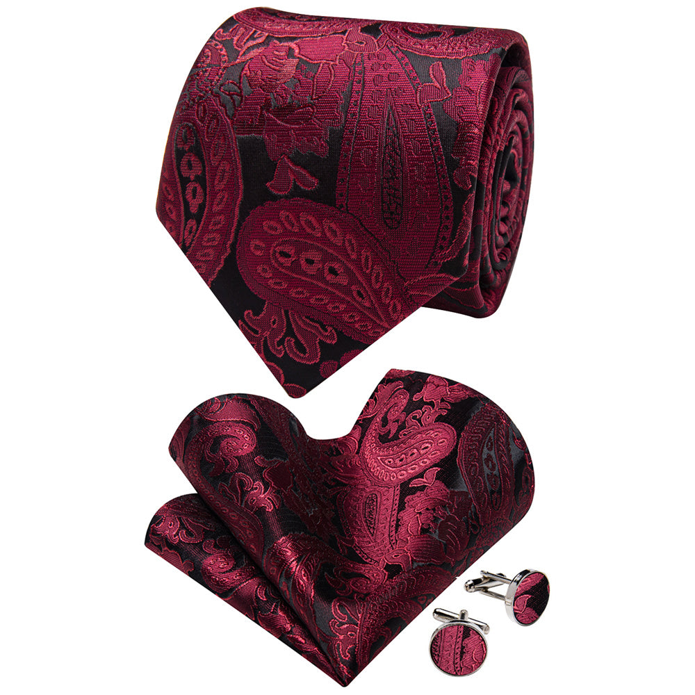 YourTies Mens Burgundy Floral Tie Silk Neck Tie Hanky Cufflinks Set