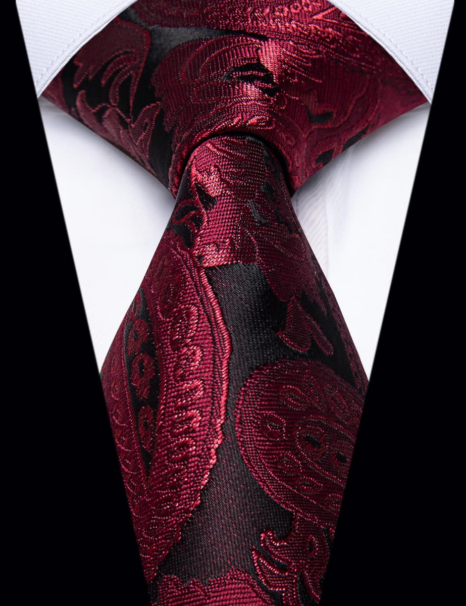 Black Wine Red Flower Mens Necktie Floral Brooch Tie Bar Set