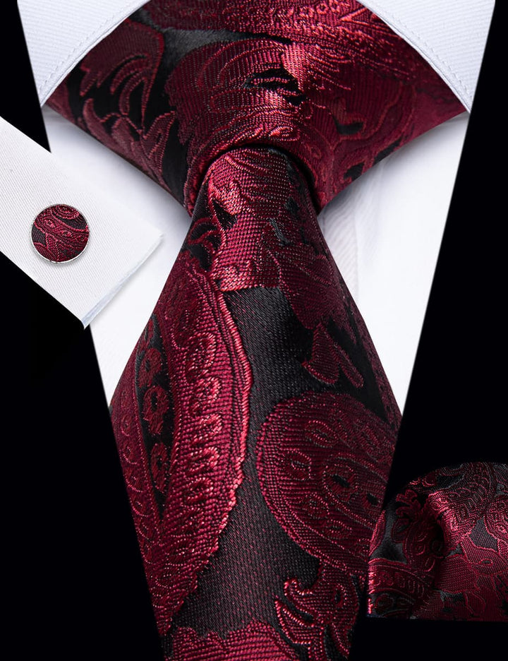 Black Wine Red Flower Mens Necktie Floral Brooch Tie Bar Set