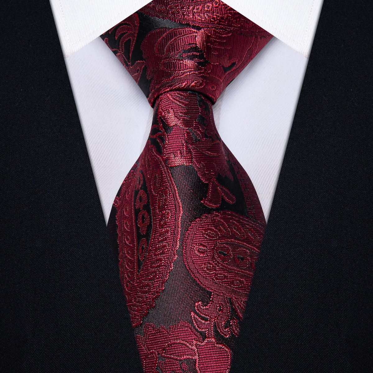 Black Wine Red Flower Mens Necktie Floral Brooch Tie Bar Set