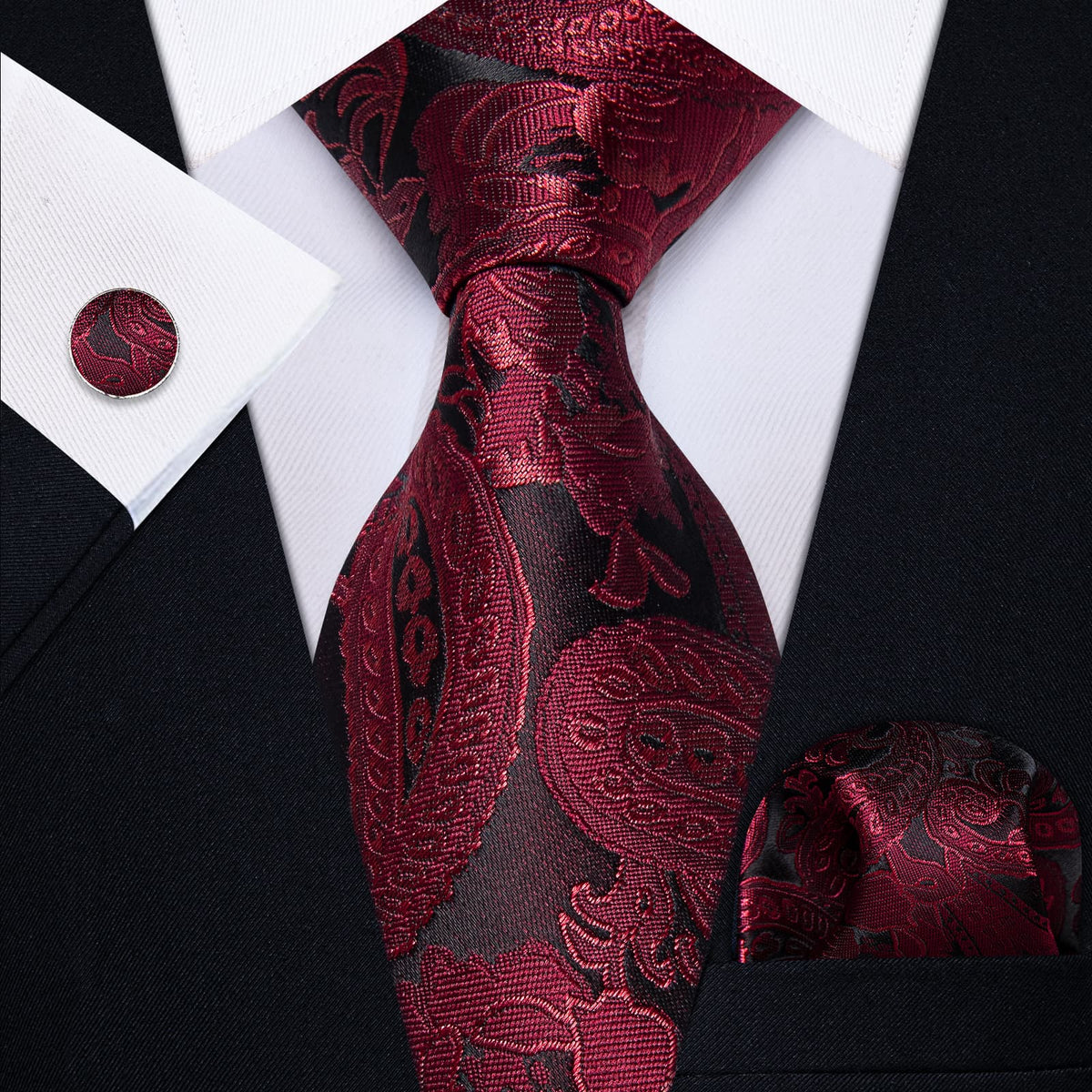 Black Wine Red Flower Mens Necktie Floral Brooch Tie Bar Set