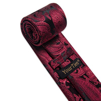 YourTies Black Wine Red Flower Mens Necktie Floral Brooch Tie Bar Set