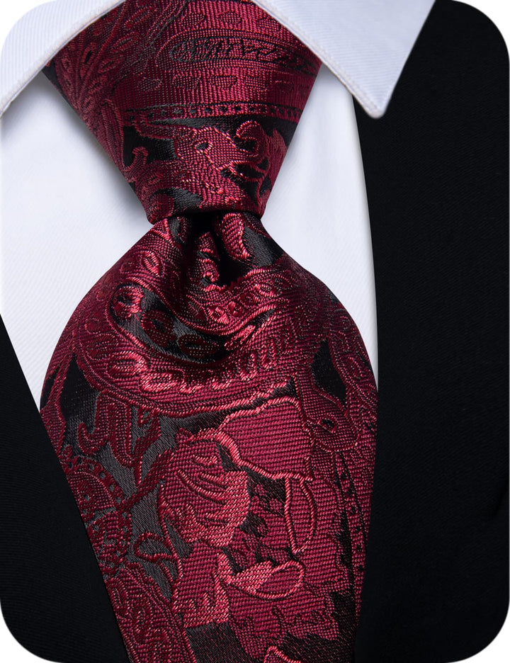 Black Wine Red Flower Mens Necktie Floral Brooch Tie Bar Set