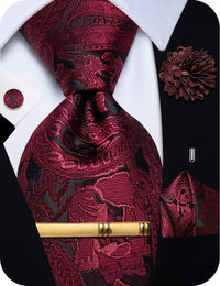 Black Wine Red Flower Mens Necktie Floral Brooch Tie Bar Set