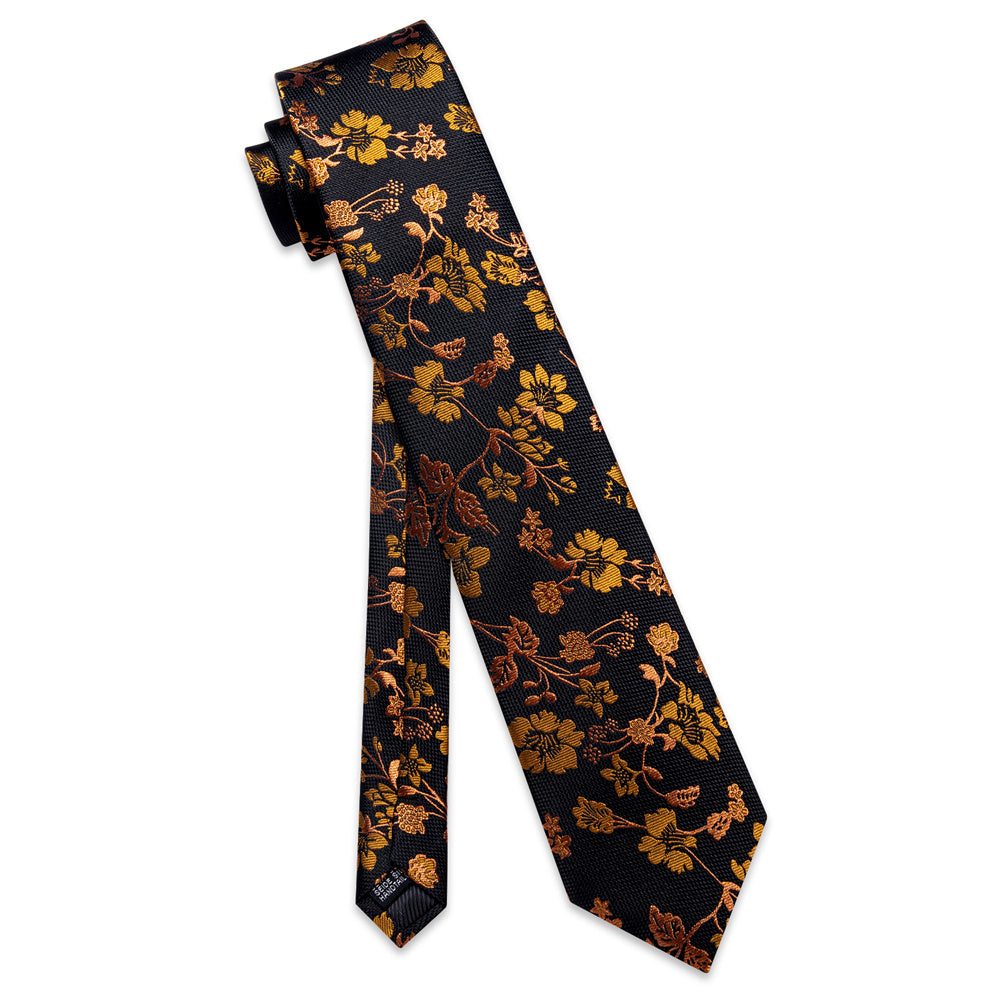 YourTies Black Golden Floral Mens Necktie Floral Brooch Tie Bar Set