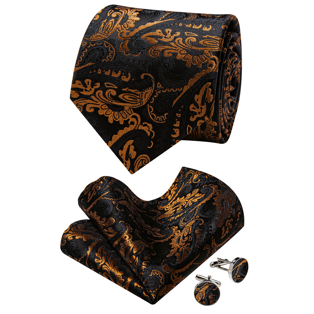 YourTies Mens Black Ties Golden Paisley Neck Tie Hanky Cufflinks Set