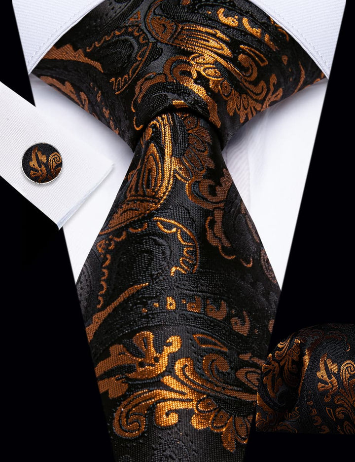 Black Gold Paisley Men Silk Necktie Floral Brooch Tie Bar Set