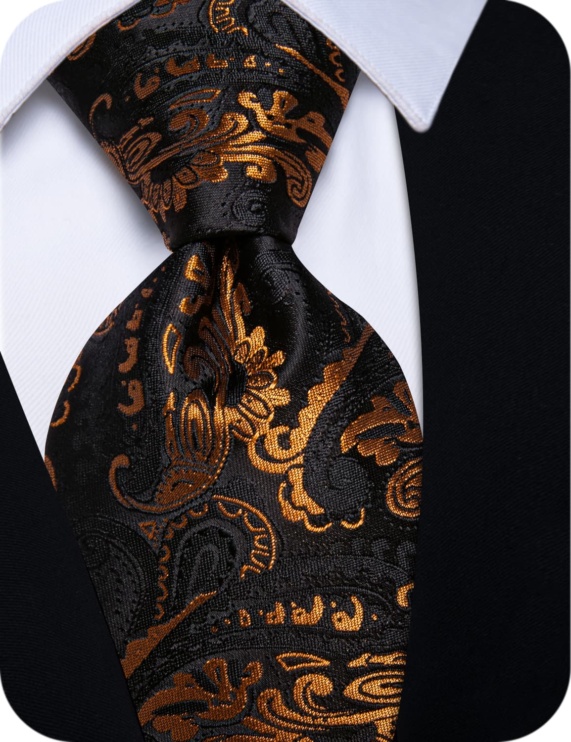 Black Gold Paisley Men Silk Necktie Floral Brooch Tie Bar Set