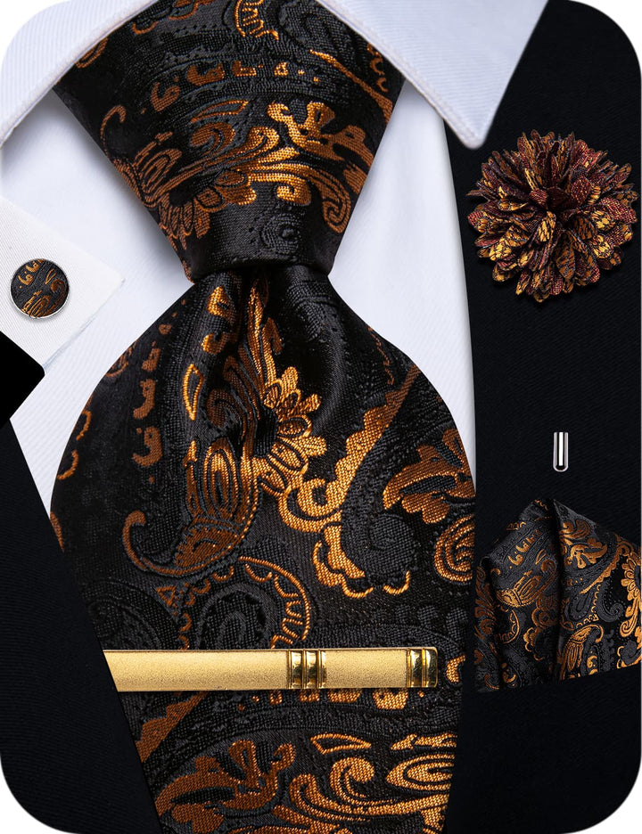 Black Gold Paisley Men Silk Necktie Floral Brooch Tie Bar Set