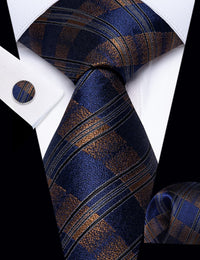  Blue Brown Plaid Ties Black Stripes Tie Hanky Cufflinks Set