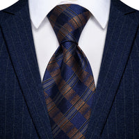  Blue Brown Plaid Ties Black Stripes Tie Hanky Cufflinks Set