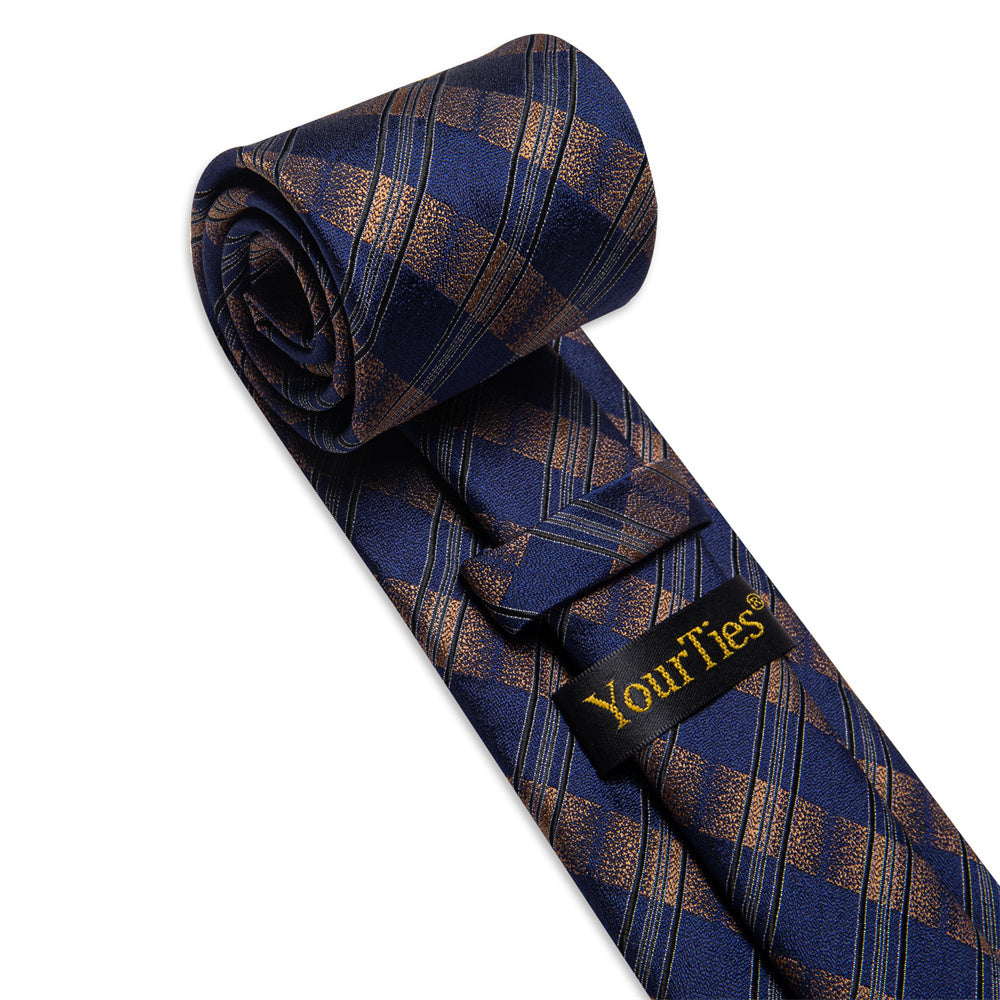 YourTies Blue Brown Plaid Ties Black Stripes Tie Hanky Cufflinks Set