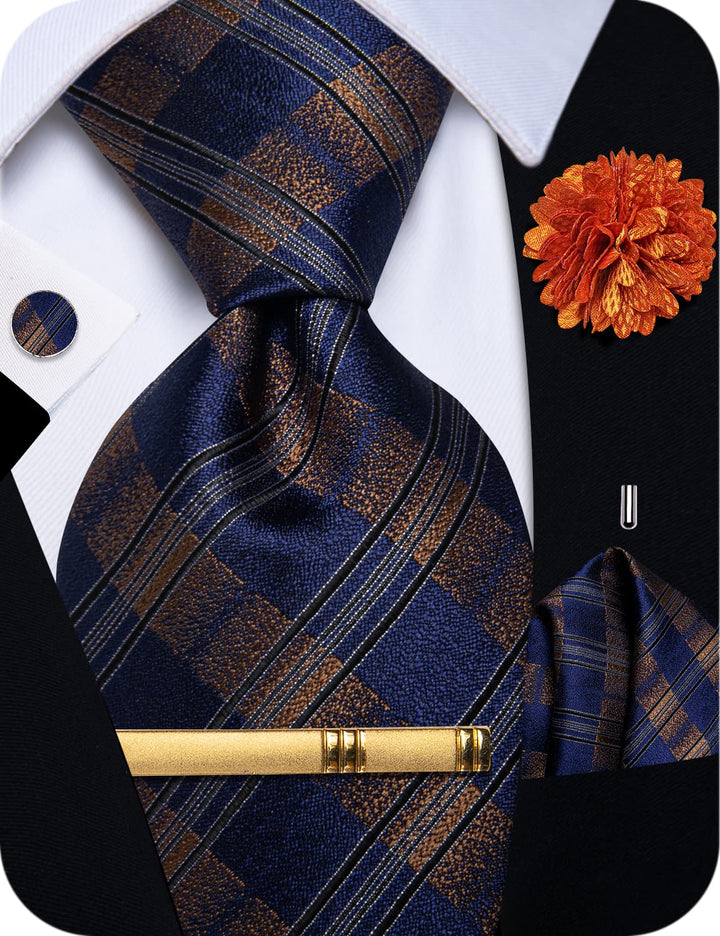 Black Golden Paisley Mens Necktie Floral Brooch Tie Bar Set