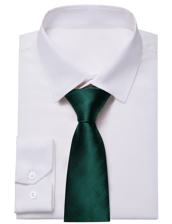 YourTies White Solid Long Sleeve Shirt with Deep Green Striped Silk Tie for Men