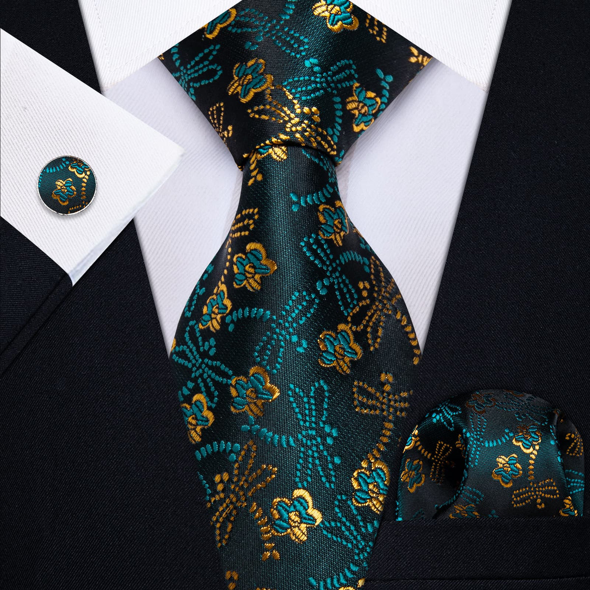 YourTies Teal Green Dragonfly Pattern Novelty Tie Hanky Cufflinks Set