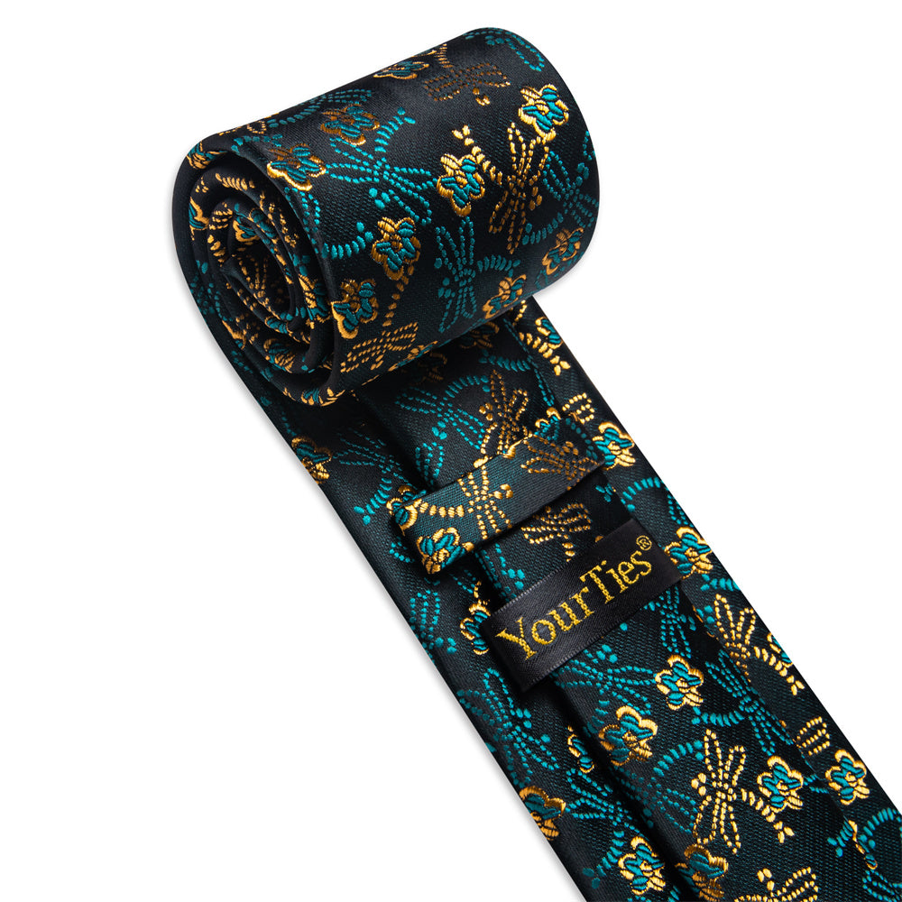 YourTies Teal Green Novelty Mens Necktie Floral Brooch Tie Bar Set