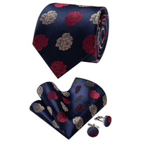 YourTies Blue Necktie Red Brown Roses Floral Tie Hanky Cufflinks Set