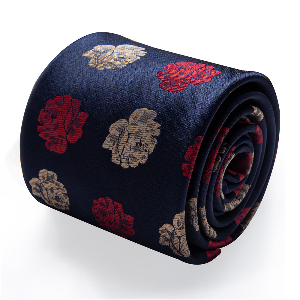 YourTies Blue Necktie Red Brown Roses Floral Tie Hanky Cufflinks Set