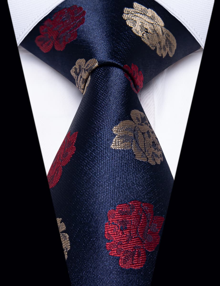  Blue Necktie Red Brown Roses Floral Tie Hanky Cufflinks Set