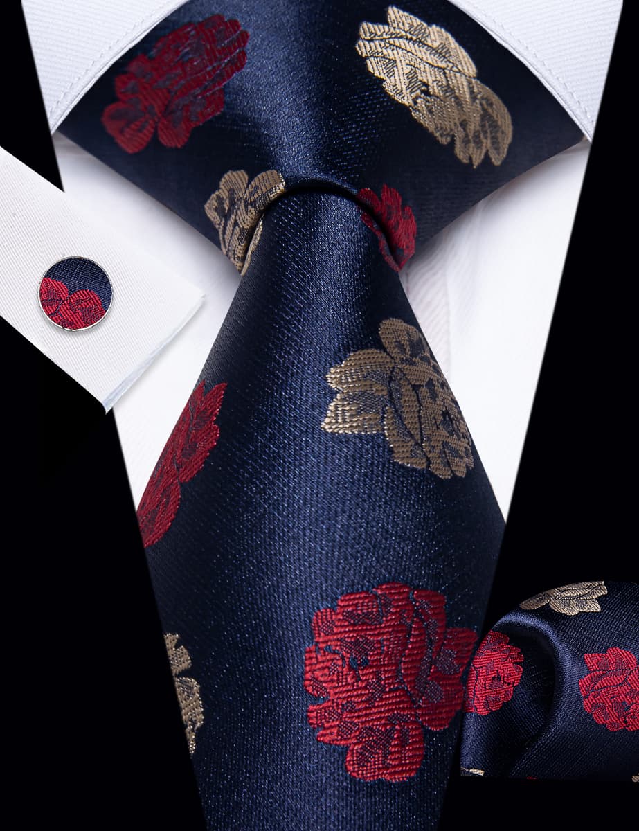  Blue Necktie Red Brown Roses Floral Tie Hanky Cufflinks Set