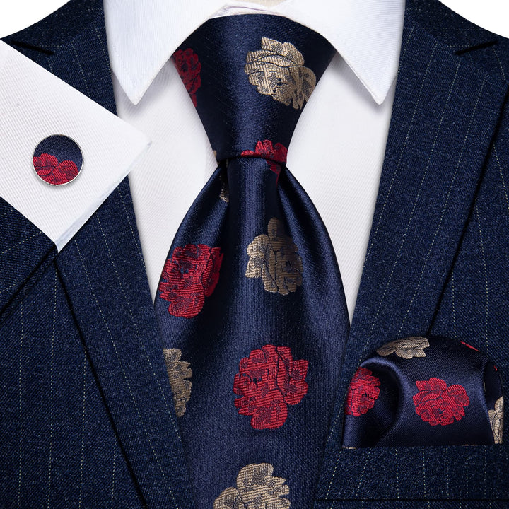  Blue Necktie Red Brown Roses Floral Tie Hanky Cufflinks Set