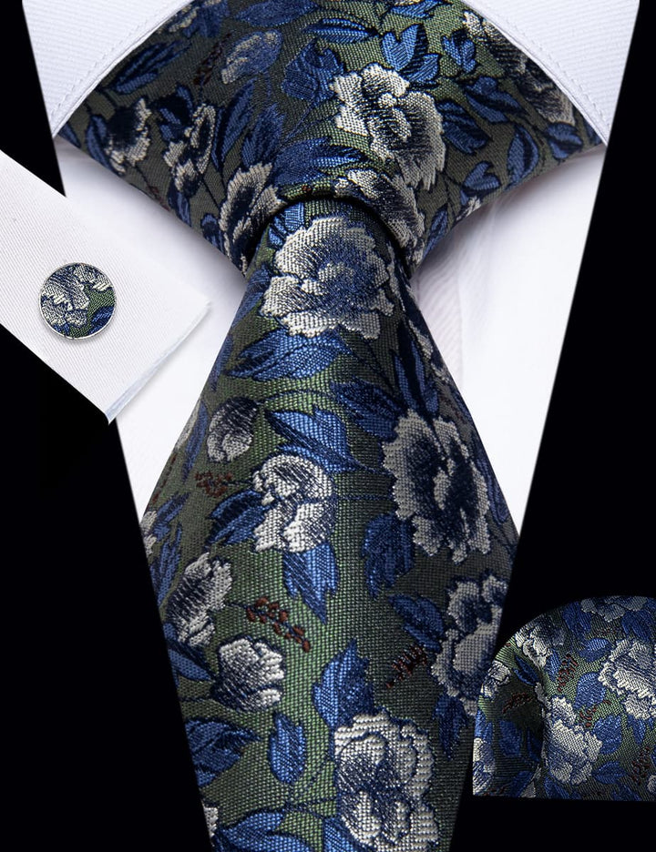 Blue Green Mens Silk Necktie Floral Brooch Metal Tie Bar Set