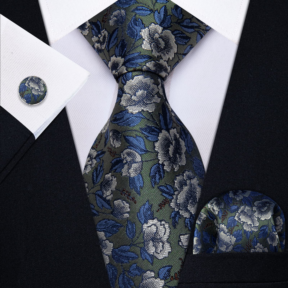 Blue Green Mens Silk Necktie Floral Brooch Metal Tie Bar Set